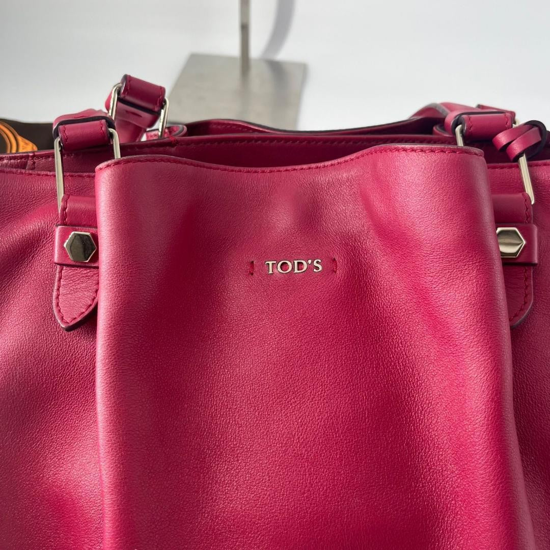 TOD'S Hand Bag Tote Purse Logo Leather Pink Authentic