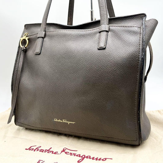 Salvatore Ferragamo Hand Bag Tote Purse Gancini Leather Gray Authentic