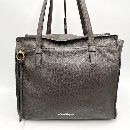 Salvatore Ferragamo Hand Bag Tote Purse Gancini Leather Gray Authentic