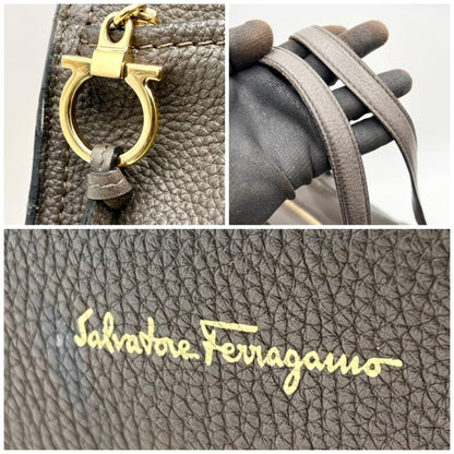 Salvatore Ferragamo Hand Bag Tote Purse Gancini Leather Gray Authentic