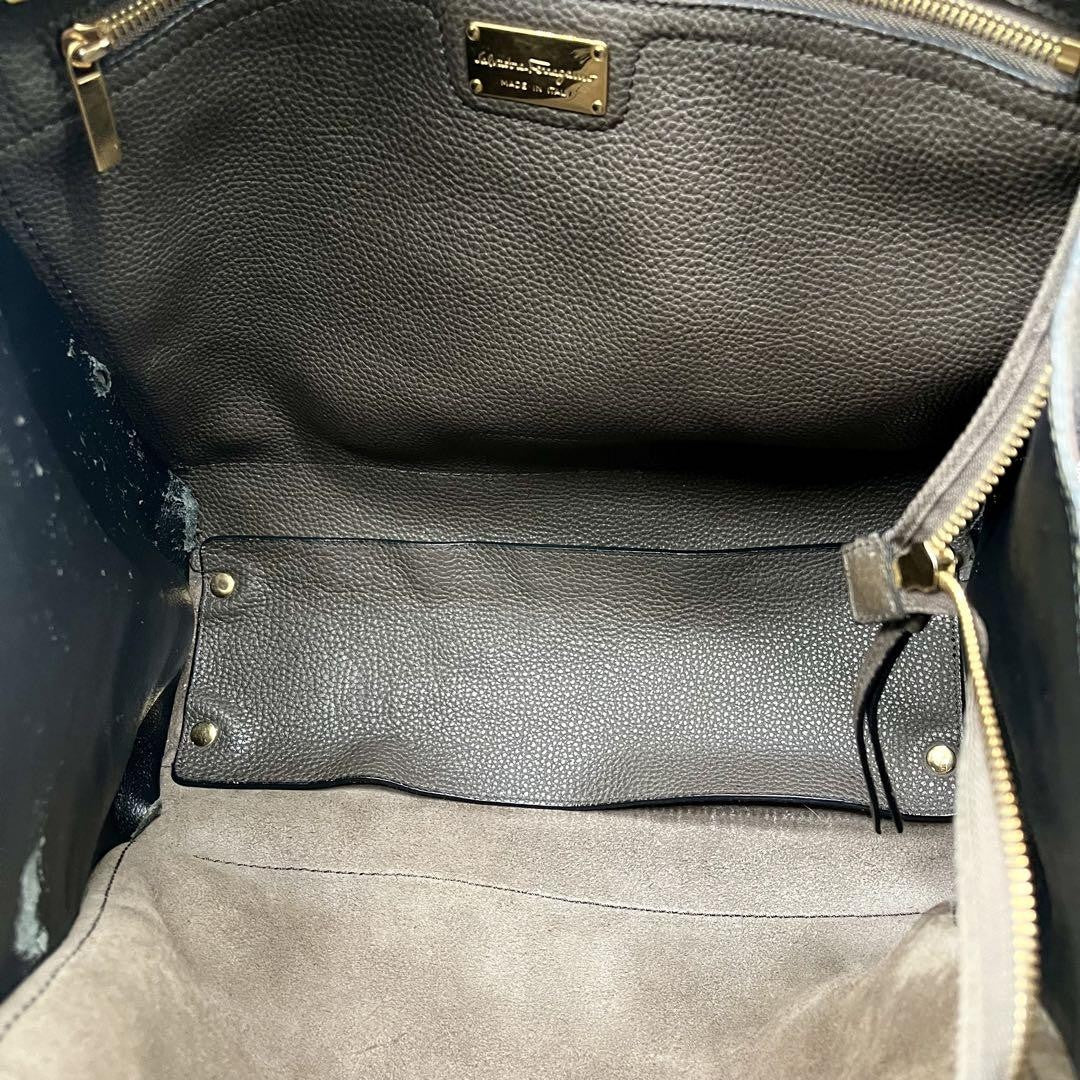 Salvatore Ferragamo Hand Bag Tote Purse Gancini Leather Gray Authentic