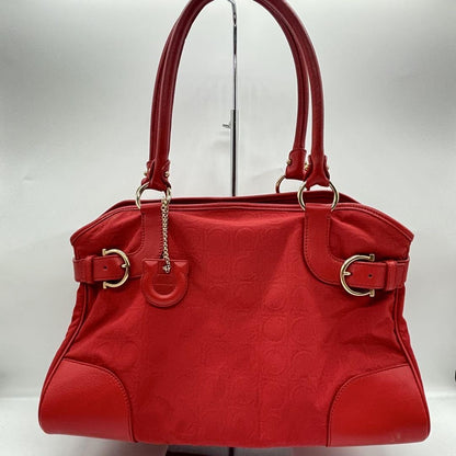 Salvatore Ferragamo Hand Bag Tote Purse Gancini Leather Nylon Red Authentic