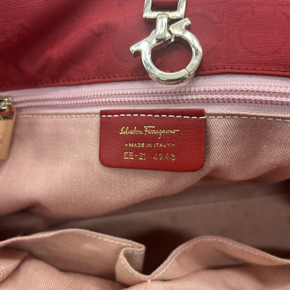 Salvatore Ferragamo Hand Bag Tote Purse Gancini Leather Nylon Red Authentic