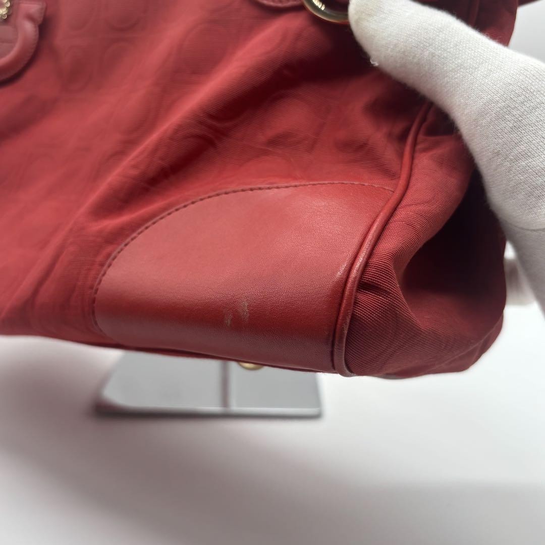 Salvatore Ferragamo Hand Bag Tote Purse Gancini Leather Nylon Red Authentic