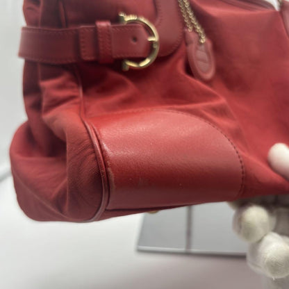 Salvatore Ferragamo Hand Bag Tote Purse Gancini Leather Nylon Red Authentic