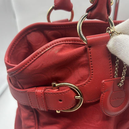 Salvatore Ferragamo Hand Bag Tote Purse Gancini Leather Nylon Red Authentic