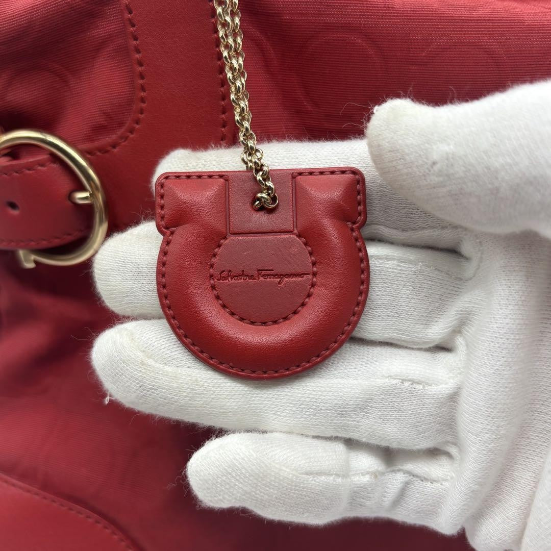 Salvatore Ferragamo Hand Bag Tote Purse Gancini Leather Nylon Red Authentic