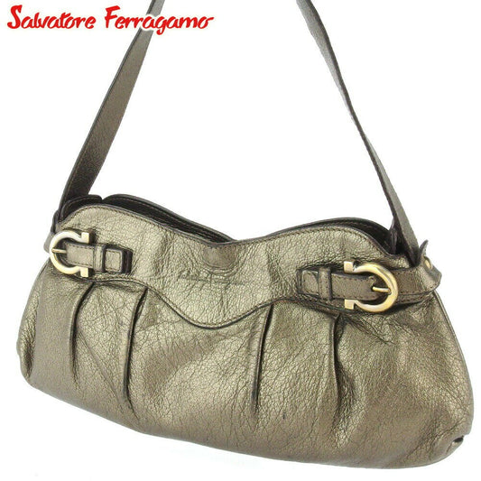 Salvatore Ferragamo Shoulder Bag Purse Gancini Gold Authentic