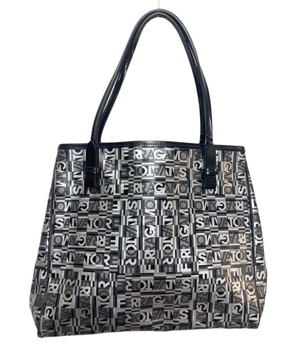Salvatore Ferragamo Hand Bag Tote Purse Logo Black Silver Authentic