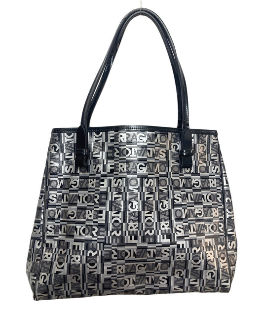Salvatore Ferragamo Hand Bag Tote Purse Logo Black Silver Authentic