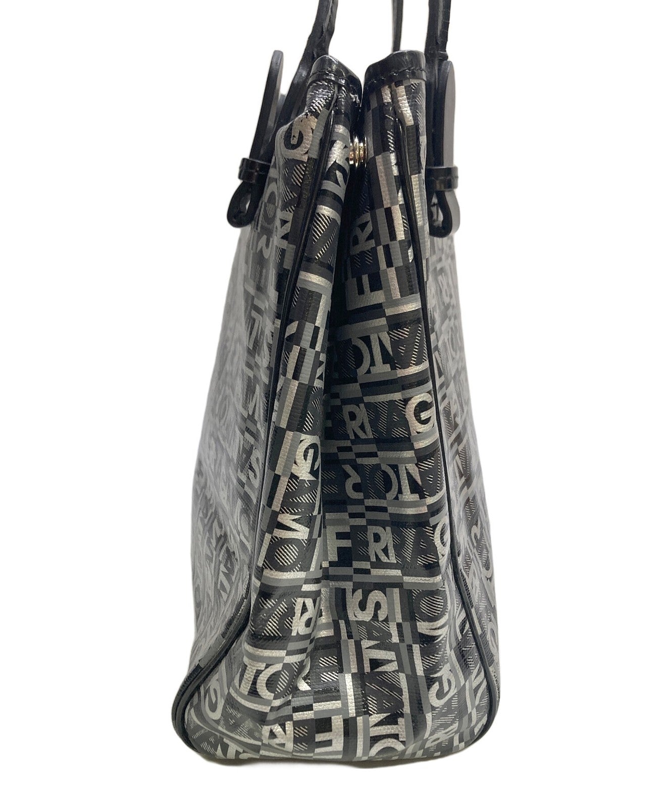 Salvatore Ferragamo Hand Bag Tote Purse Logo Black Silver Authentic