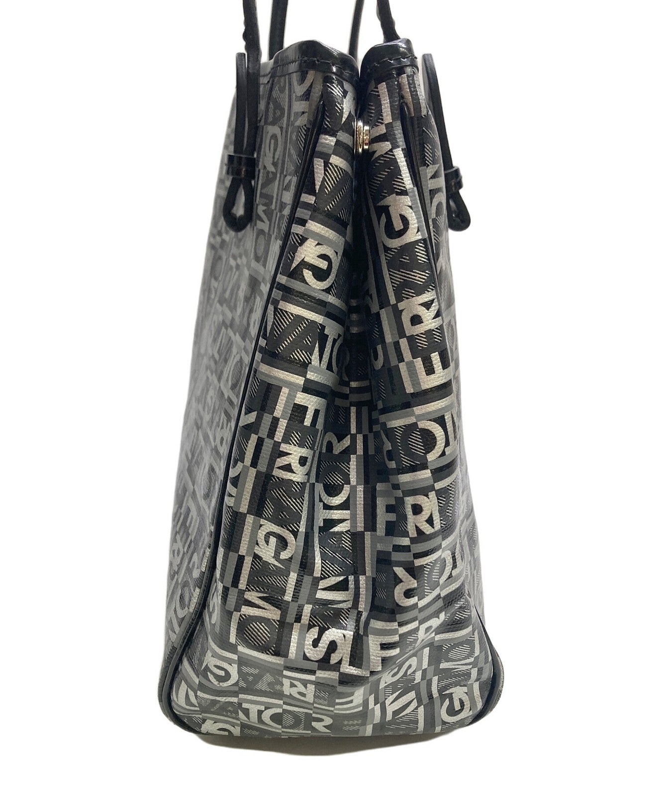 Salvatore Ferragamo Hand Bag Tote Purse Logo Black Silver Authentic