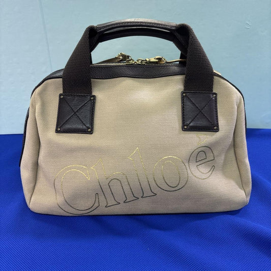 Chloe Hand Bag Tote Purse Logo Canvas Leather Beige Dark Brown Authentic