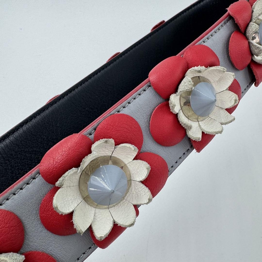 FENDI Shoulder Strap Strap you Belt Flower Leather Red Navy Blue Authentic