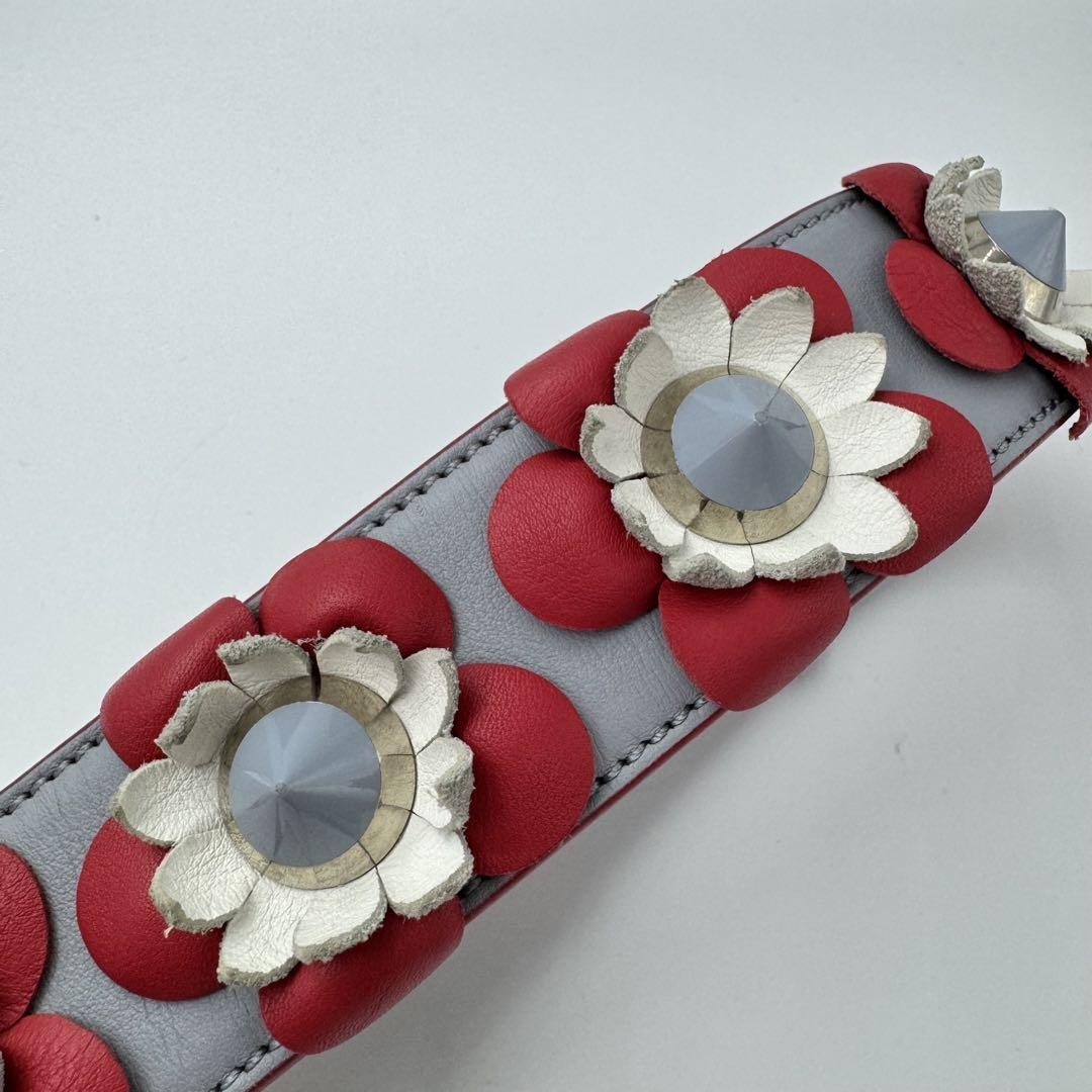FENDI Shoulder Strap Strap you Belt Flower Leather Red Navy Blue Authentic