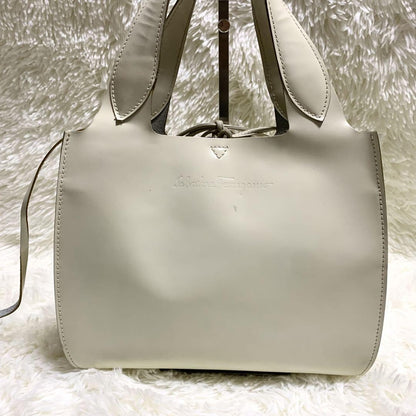 Salvatore Ferragamo Hand Bag Purse Gancini White Leather Authentic With pouch
