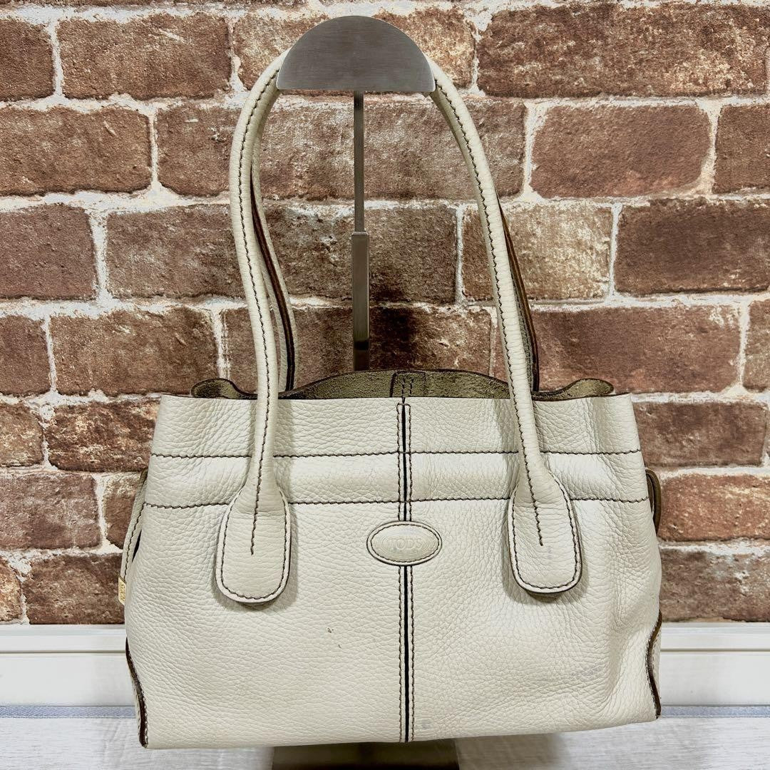 TOD'S Hand Bag Tote Purse Leather White Authentic