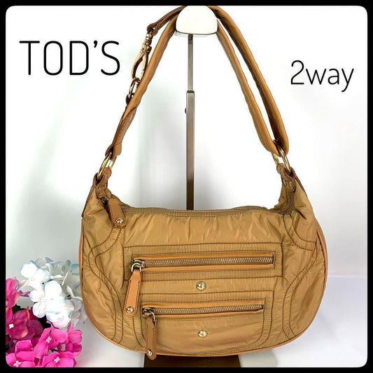 TOD'S Shoulder Bag Purse 2way Nylon Leather Camel Authentic