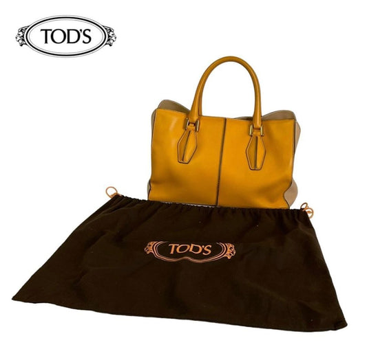 TOD'S Hand Bag Tote Purse D Cube Leather Camel Authentic