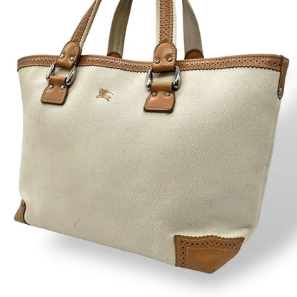 BURBERRY LONDON Hand Bag Tote Purse Canvas Leather Beige Authentic