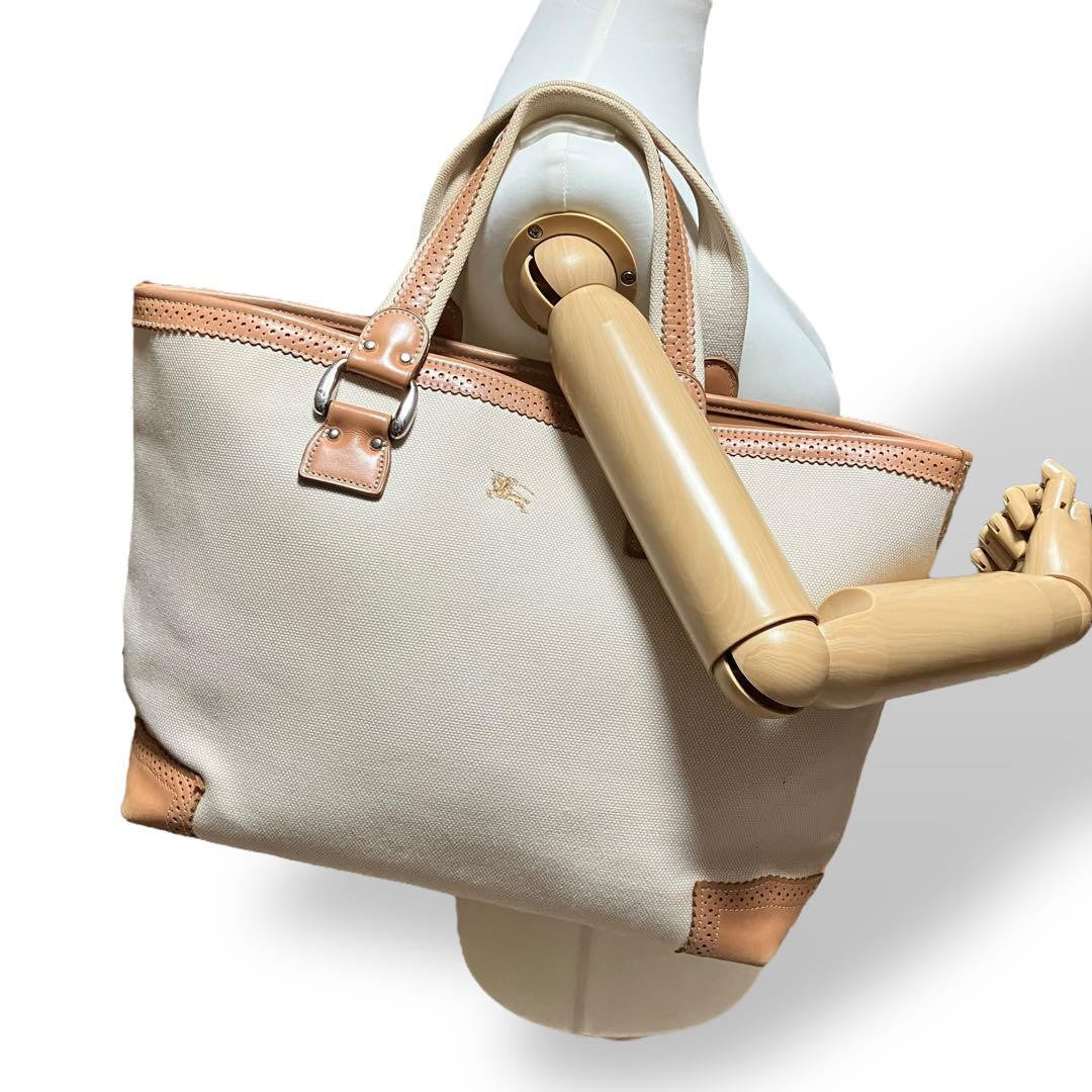 BURBERRY LONDON Hand Bag Tote Purse Canvas Leather Beige Authentic