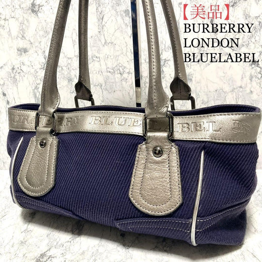 BURBERRY LONDON BLUELABEL Hand Bag Tote Purse Canvas Leather Purple Authentic
