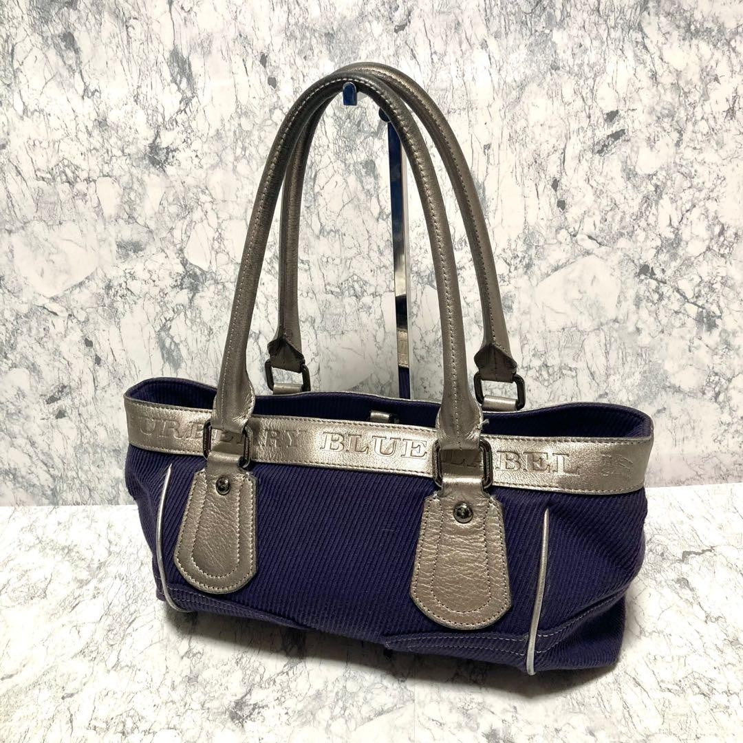 BURBERRY LONDON BLUELABEL Hand Bag Tote Purse Canvas Leather Purple Authentic