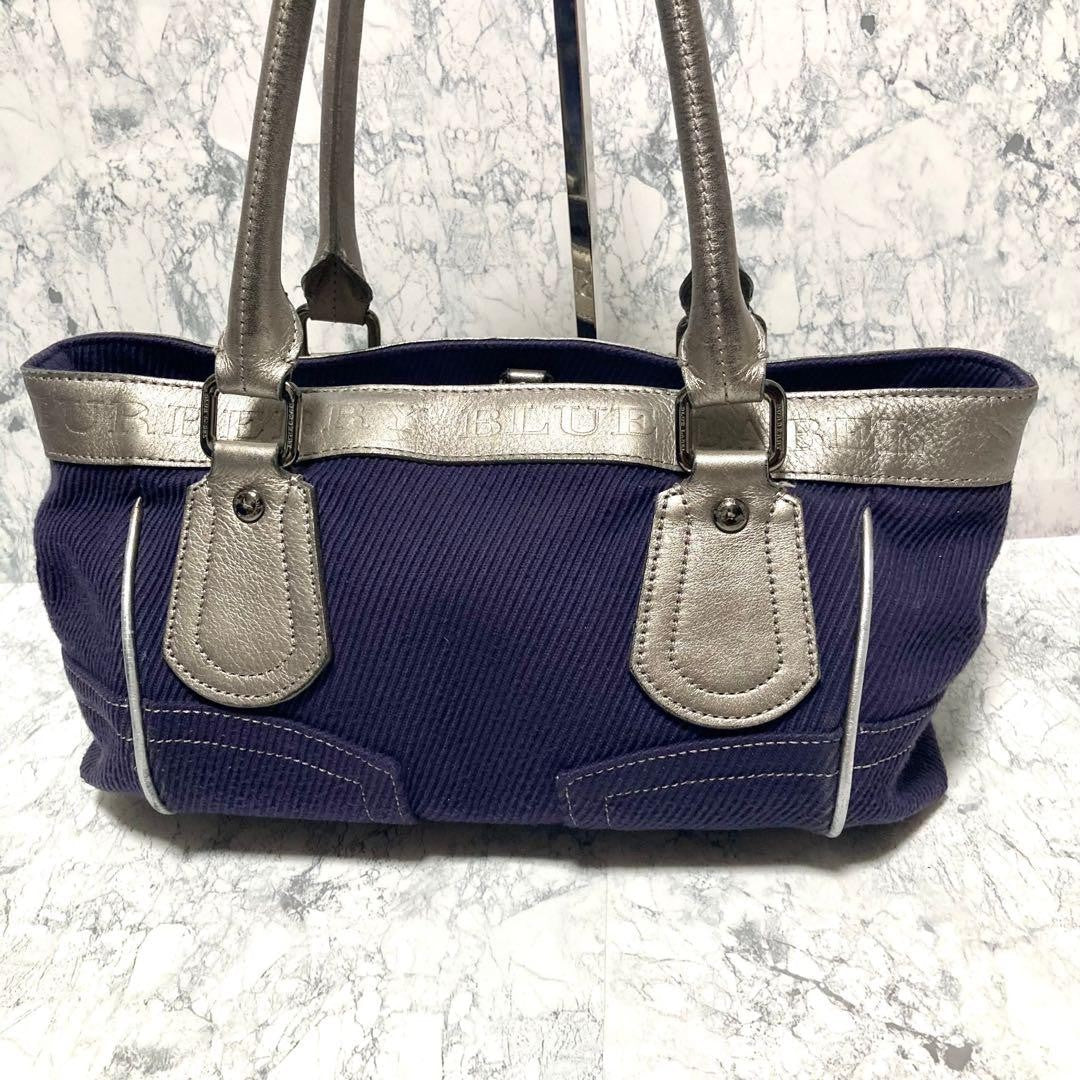 BURBERRY LONDON BLUELABEL Hand Bag Tote Purse Canvas Leather Purple Authentic