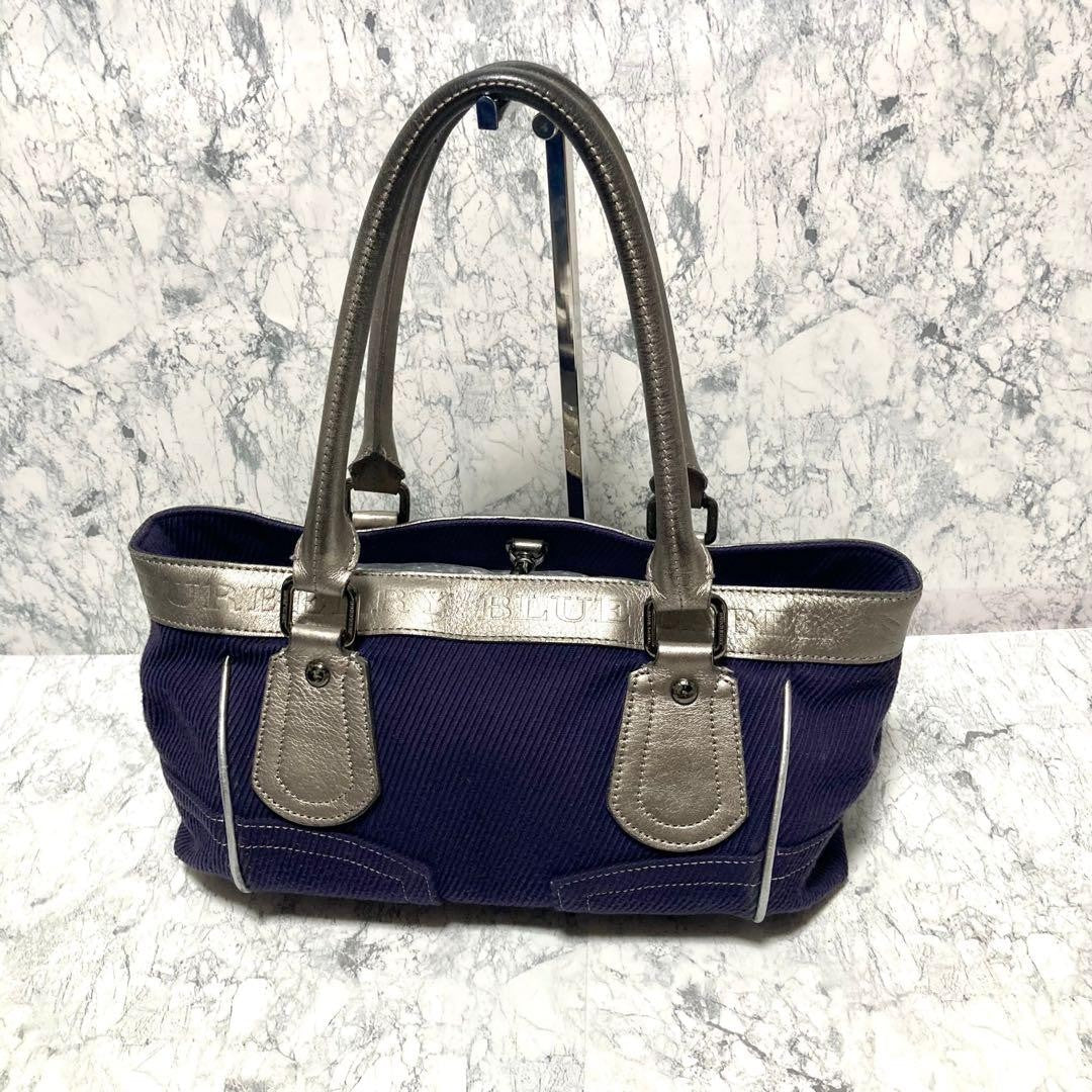 BURBERRY LONDON BLUELABEL Hand Bag Tote Purse Canvas Leather Purple Authentic