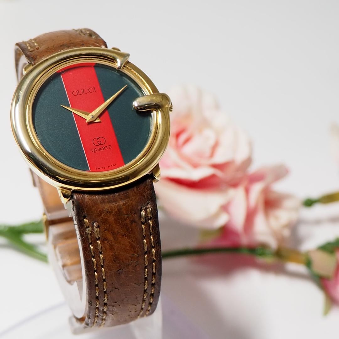 GUCCI Quartz Watch Wristwatch Sherry Line Gold Green Red Women's Authentic