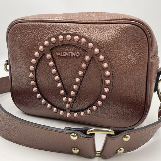 Valentino Garavani Shoulder Bag Purse Studs Logo Leather Brown Authentic