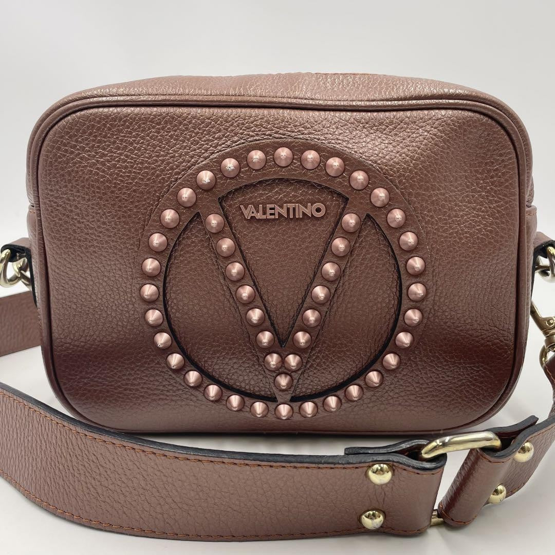 Valentino Garavani Shoulder Bag Purse Studs Logo Leather Brown Authentic