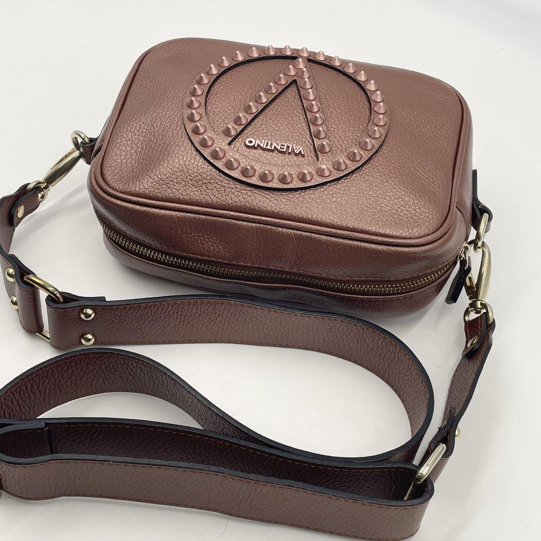 Valentino Garavani Shoulder Bag Purse Studs Logo Leather Brown Authentic