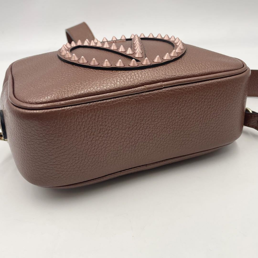 Valentino Garavani Shoulder Bag Purse Studs Logo Leather Brown Authentic