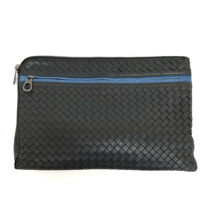 BOTTEGA VENETA Clutch Bag Second Bag Intrecciato Leather Black Blue Authentic