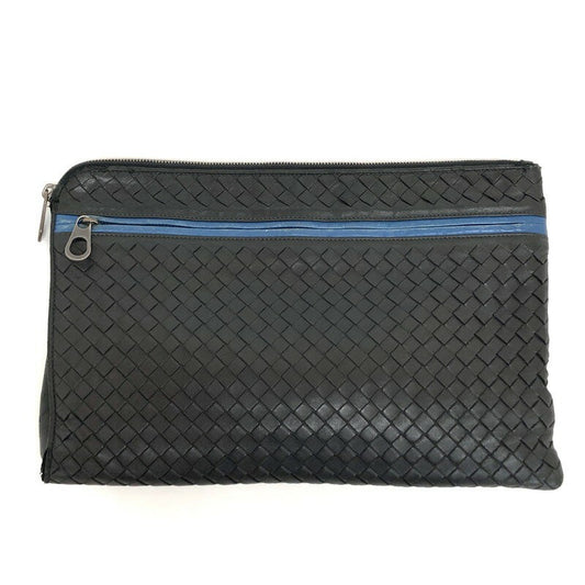 BOTTEGA VENETA Clutch Bag Second Bag Intrecciato Leather Black Blue Authentic