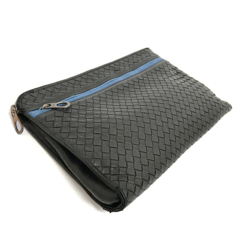BOTTEGA VENETA Clutch Bag Second Bag Intrecciato Leather Black Blue Authentic