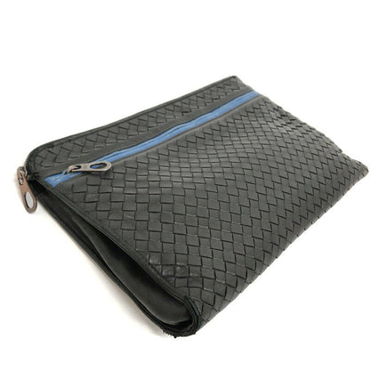 BOTTEGA VENETA Clutch Bag Second Bag Intrecciato Leather Black Blue Authentic