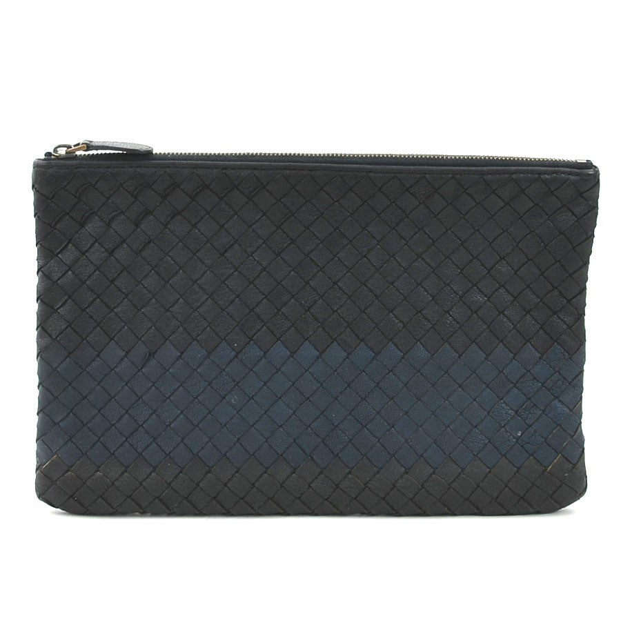 BOTTEGA VENETA Clutch Bag Second Bag Intrecciato Leather Black Navy Authentic