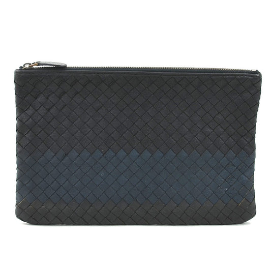 BOTTEGA VENETA Clutch Bag Second Bag Intrecciato Leather Black Navy Authentic
