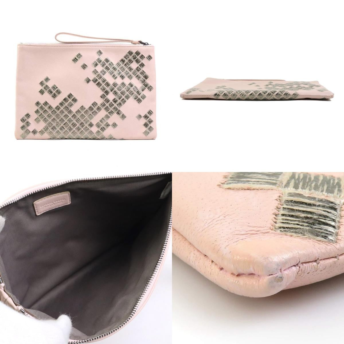 BOTTEGA VENETA Clutch Bag Second Bag Leather Pink Silver Authentic