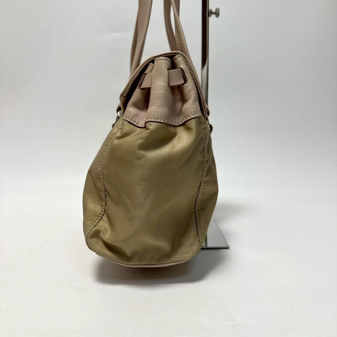 PRADA Hand Bag Tote Purse Logo Nylon Leather Beige Authentic