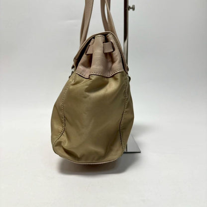 PRADA Hand Bag Tote Purse Logo Nylon Leather Beige Authentic