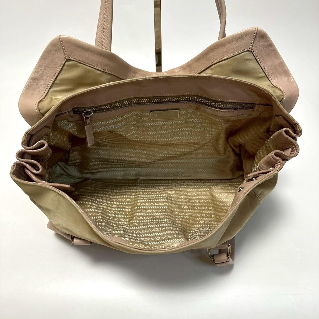 PRADA Hand Bag Tote Purse Logo Nylon Leather Beige Authentic