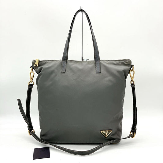 PRADA Hand Shoulder Bag Tote Purse 2way Logo Nylon Leather Gray Authentic