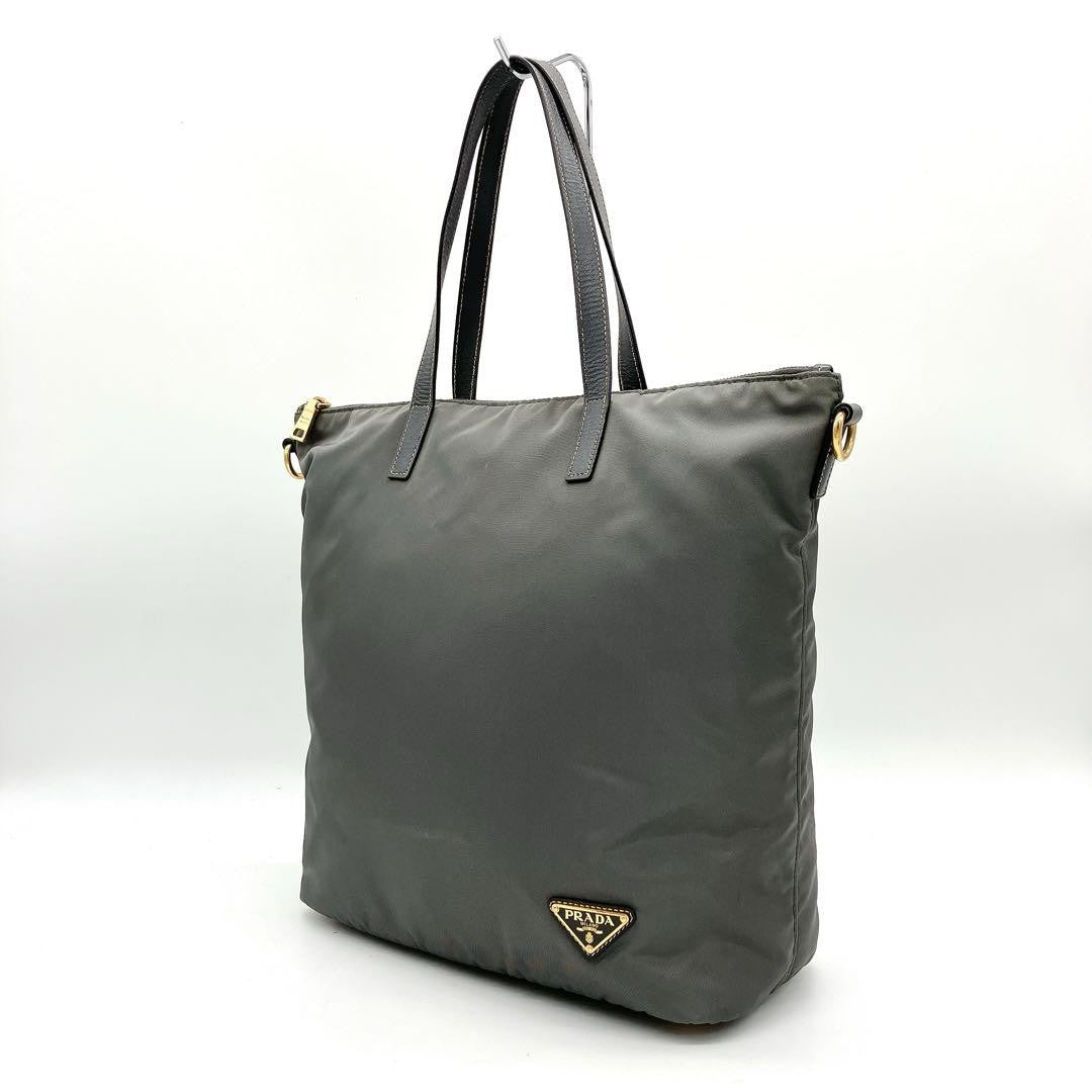 PRADA Hand Shoulder Bag Tote Purse 2way Logo Nylon Leather Gray Authentic