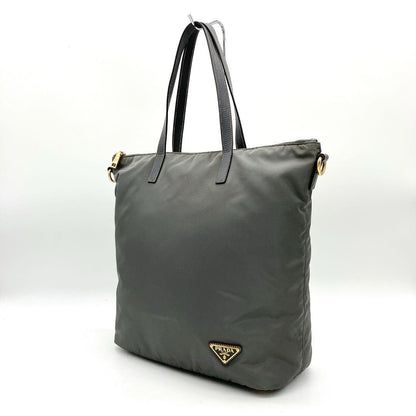 PRADA Hand Shoulder Bag Tote Purse 2way Logo Nylon Leather Gray Authentic