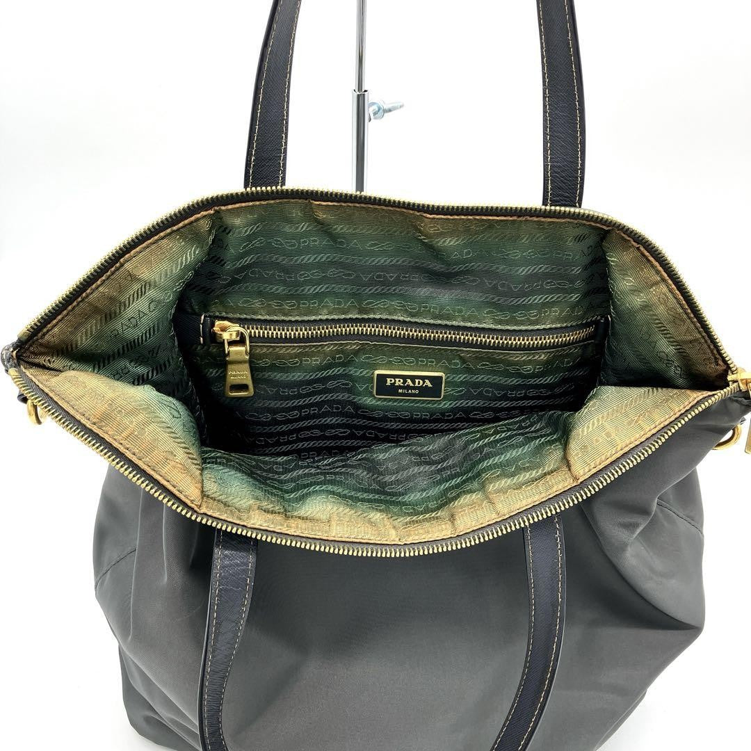 PRADA Hand Shoulder Bag Tote Purse 2way Logo Nylon Leather Gray Authentic