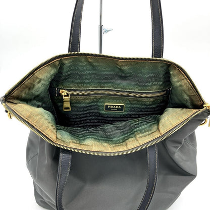 PRADA Hand Shoulder Bag Tote Purse 2way Logo Nylon Leather Gray Authentic