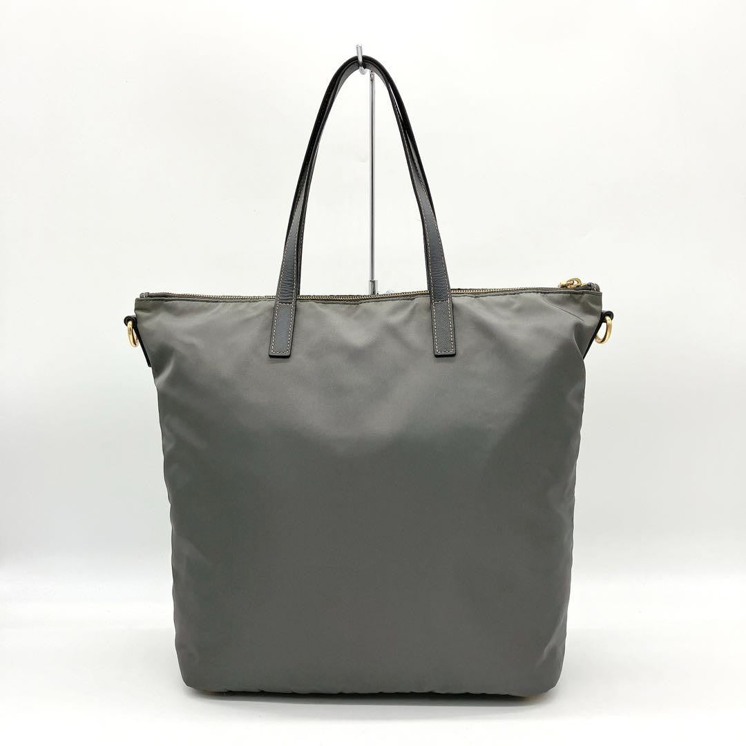 PRADA Hand Shoulder Bag Tote Purse 2way Logo Nylon Leather Gray Authentic